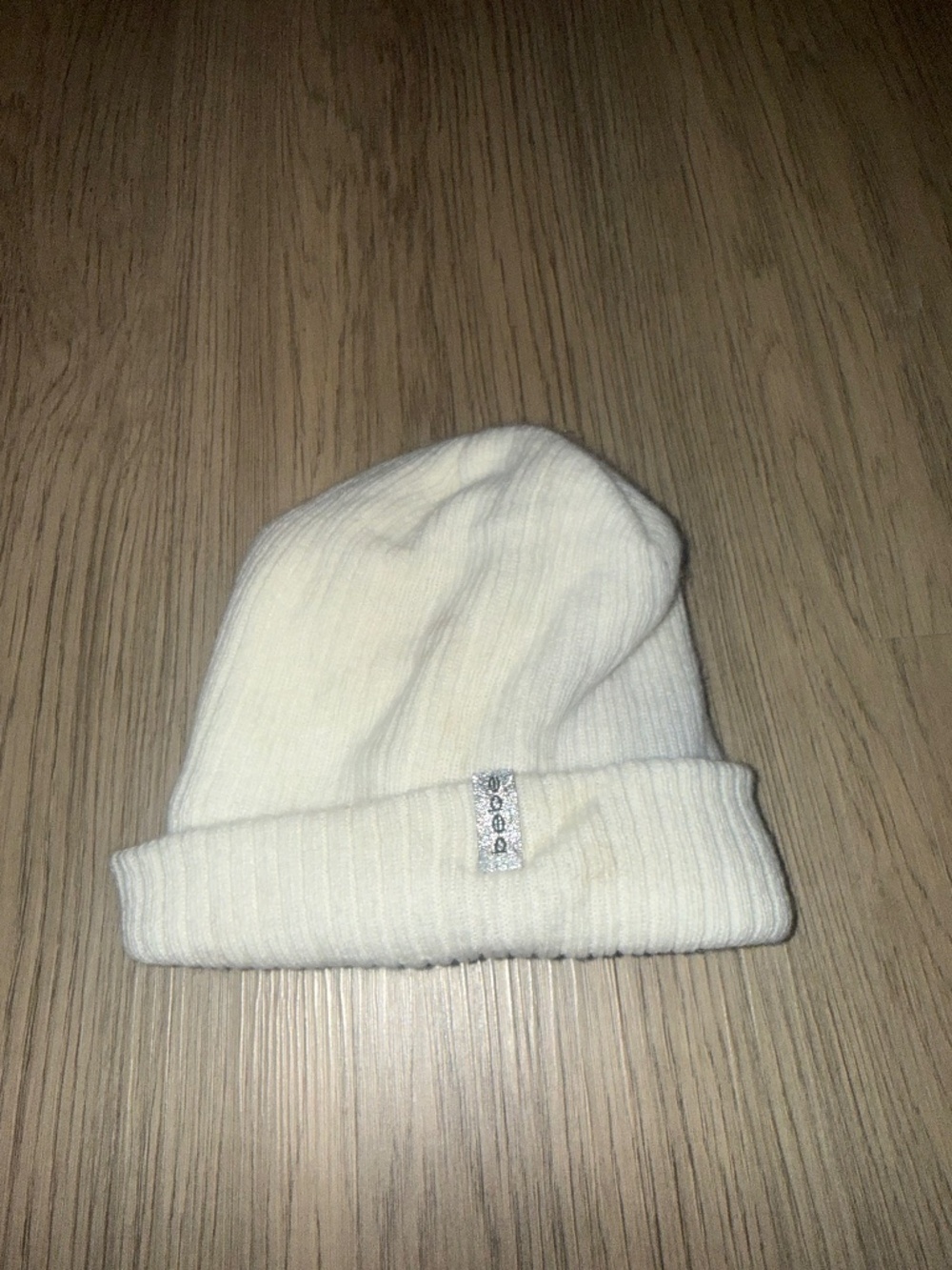 bebe Baby White Knit Beanie Infant Toddler Cuffed Winter Hat Silver Logo